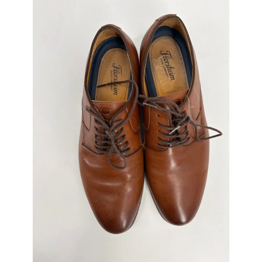 Florsheim Mens 14193-221 Cognac Brown Leather Plain Toe Derby Shoes 10.5 EEE